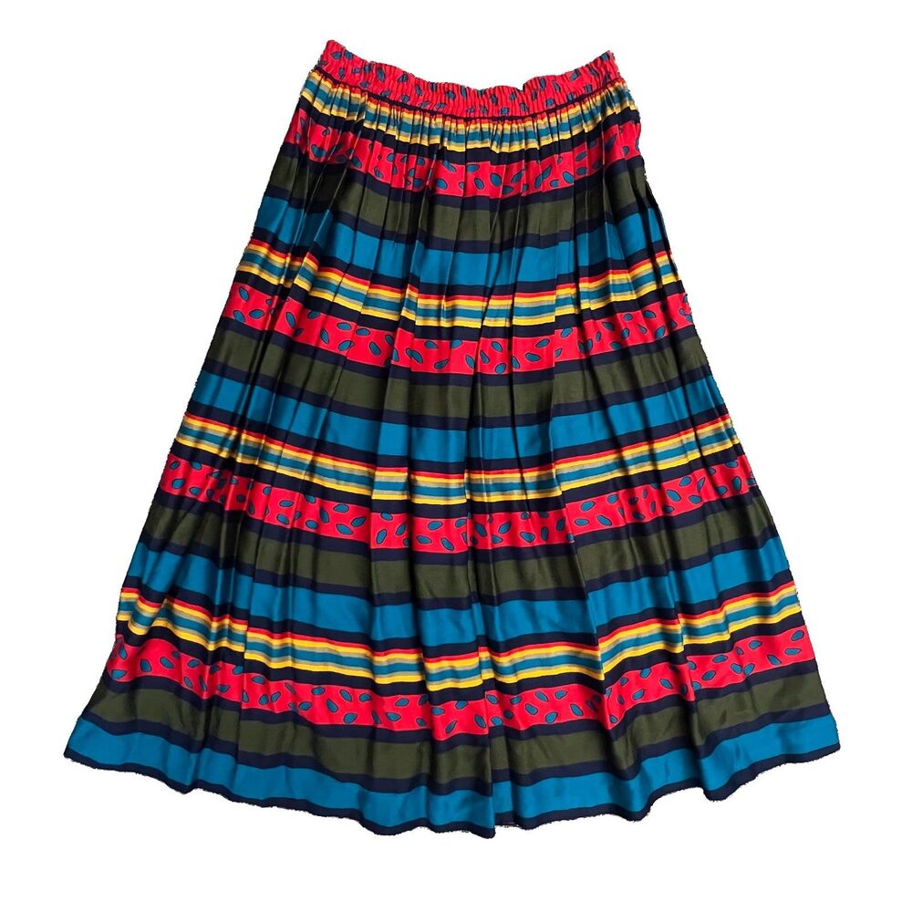 Vintage 90s Chause Bright Multicolor Full Skirt Sz MED Maxi Striped Elastic